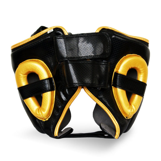 Black and Gold Boxing Head guard reverse studio photo 