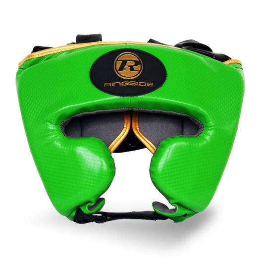 Green and Gold Boxing Head guard studio photo