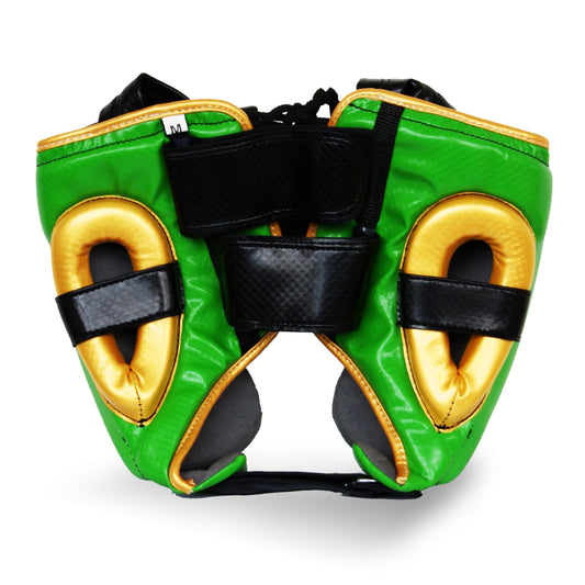 Green and Gold Boxing Head guard studio photo reverse