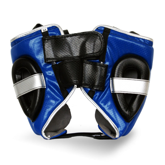 Blue and Silver Boxing Head guard reverse studio photo 
