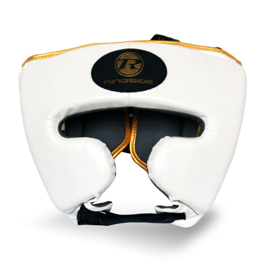 White and Gold Boxing Head guard studio photo
