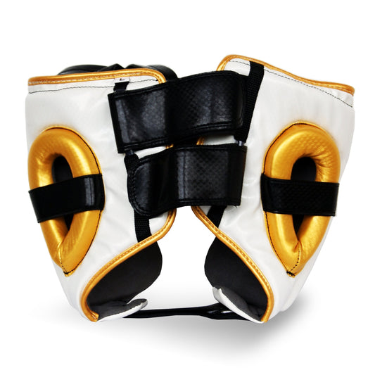 White and Gold Boxing Head guard studio photo reverse