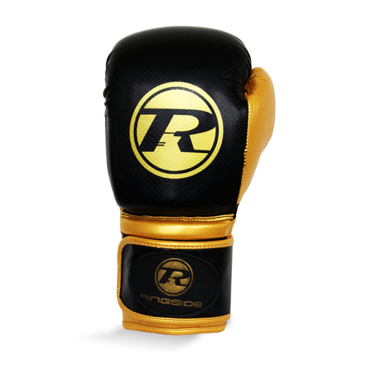 Black and Gold Boxing Glove with gold R logo. Photographed from the front