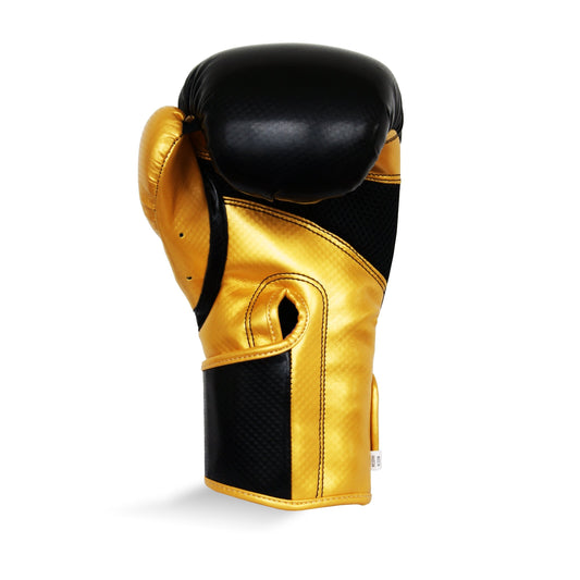 Black and Gold Boxing Glove. Photographed from behind