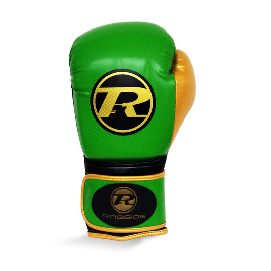 Green and Gold Boxing Glove with R logo. Photographed from the front