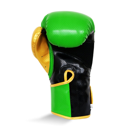 Green and Gold Boxing Glove. Photographed from behind