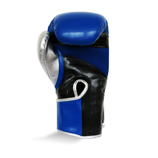 Blue and Silver Boxing Glove. Photographed from behind.