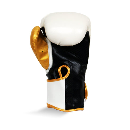 White and Gold Boxing Glove with R logo. Photographed from behind