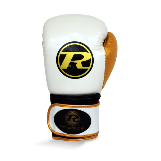 White and Gold Boxing Glove with R logo. Photographed from the front